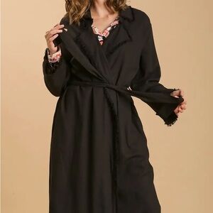 030 UMGEE Linen Blend Open Front Tie Waist Long Jacket with Destressed Details